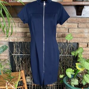 Elegant Navy Blue Zip-Up Midi Dress